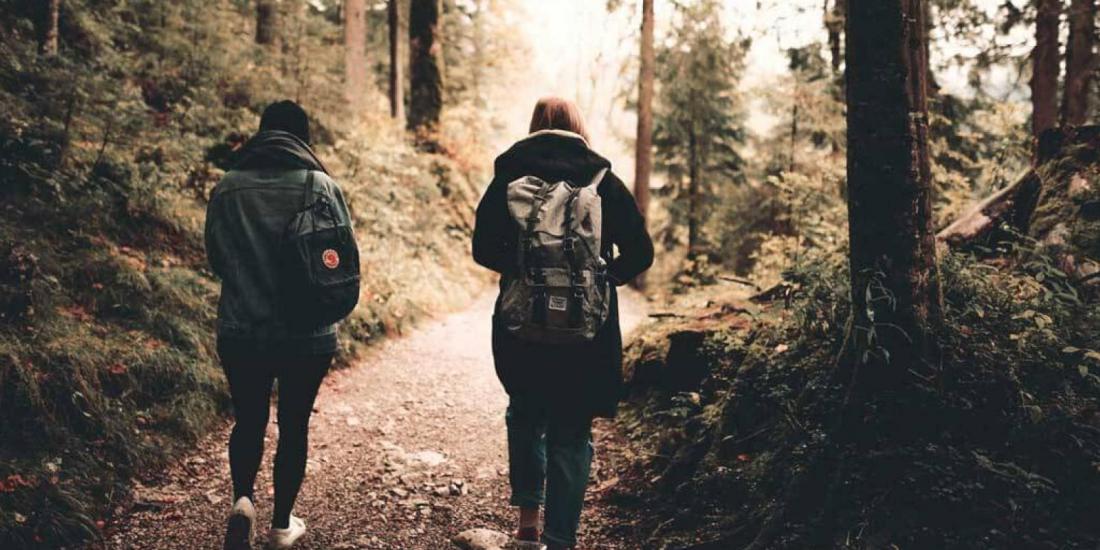 two hikers in the forest